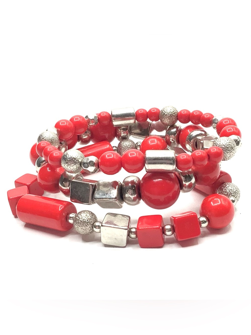 Red & Silver Tone Beaded Strand Stretch Bracelet Set